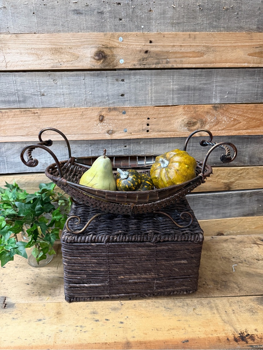 Oval  Wrought Iron and  Woven Dark Brown Decorative Fruit Basket with Handles